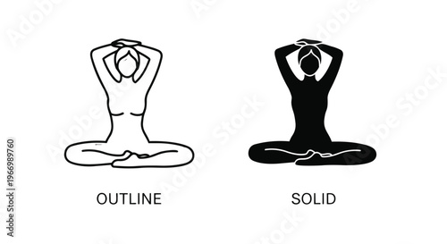 Black and white yoga poses in outline and solid styles for meditation and wellness