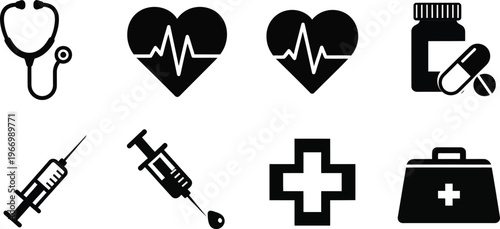 Medical icons set including stethoscope heart rate pills and emergency equipment