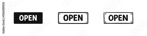 Open sign icon set. Black vector symbol for business status, shop, store availability, or welcome.