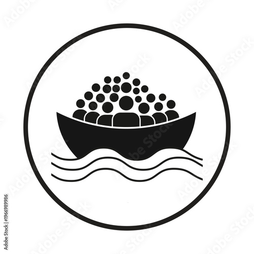 Abstract graphic illustration of a crowded boat with people figures sailing on wavy water within a circle
