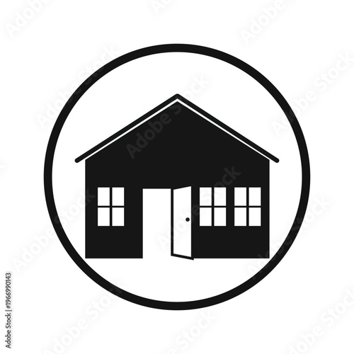 Simple black silhouette of a house with an open door and windows inside a circle