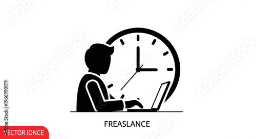 A minimalist vector graphic illustration of a freelancer working on a laptop in front of a clock