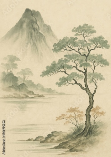 Serene landscape with misty mountains.