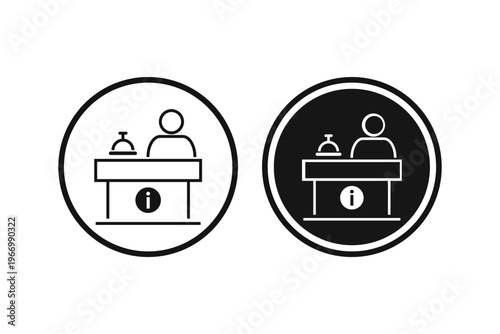 Two circular icons depicting a reception desk with a person and information symbol