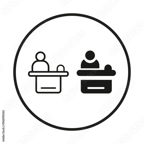 Two simple iconographic representations of receptionists at counters within a circular frame