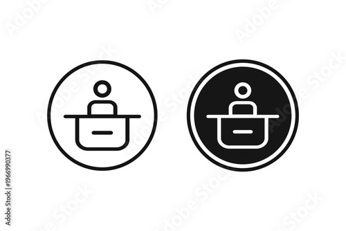 Two stylized icons representing a receptionist or service desk worker one in outline and one inverted