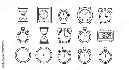 Ticking Icons Set with Hourglass Clock Wall Stopwatch Alarm Editable Vector