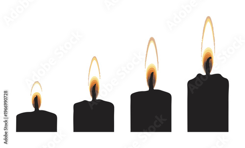 Four stylized advent candles burning, with unique flame patterns and melted wax details, on white background.