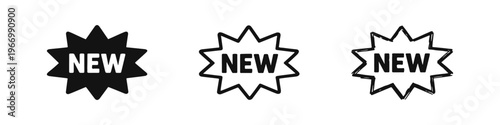 New product label icon set. Starburst new banner symbol in filled, outline, and hand-drawn doodle style for promotions.