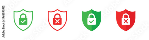 Security icon set with shield and padlock symbols, safe and unsafe protection status vector illustration