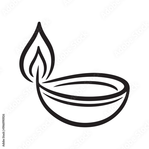 Traditional indian oil lamp known as diya, simple outline drawing, black lines on white background.