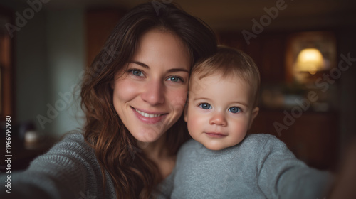 Playful mother baby with warm highlights and shallow depth of field smiling indoors with cozy atmosphere and natural light