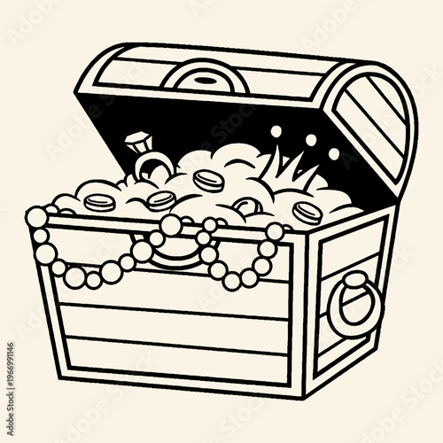 Open Treasure Chest Overflowing with Gold Coins and Jewels, Line Art