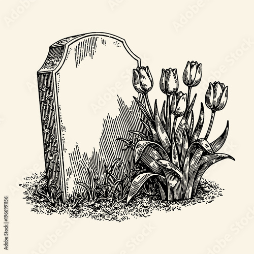 Blank Gravestone with Tulips and Grass, Vintage Ink Engraving Illustration
