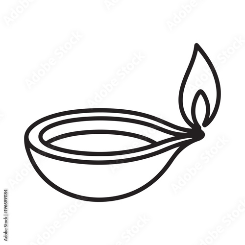 Traditional indian oil lamp known as diya, simple outline drawing with detailed lines, black on white background.