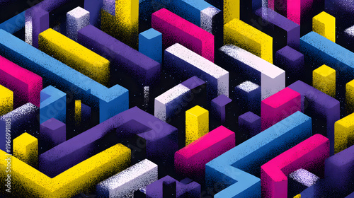 Vibrant digital maze with abstract pathways in bold colors like purple, yellow, pink, and blue, creating dynamic and energetic visual. geometric shapes form complex, intriguing pattern