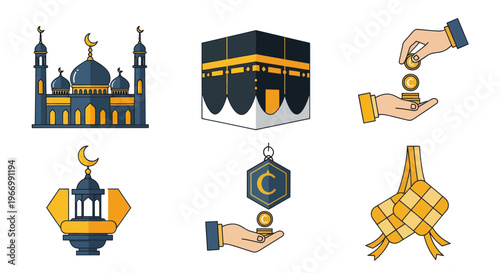 Islamic Icons: Mosque, Kaaba, Charity, Lantern, Coins, Ketupat
