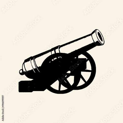 Vintage Military Cannon on Wheeled Carriage, Bold Retro Ink Illustration