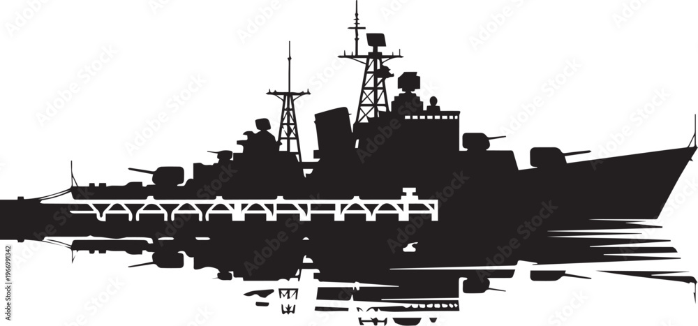 Obraz premium Silhouette of warship vessel illustration vector line art with checkered background