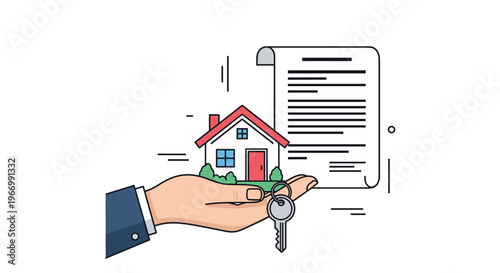 Real estate agent holding a house model and a key in front of a mortgage contract document for property purchase and investment.