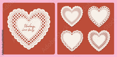 Vintage Heart Lace Doily Collection, elegant coquette valentine vector set. Romantic antique lace frame illustration for wedding, scrapbook, greeting card design