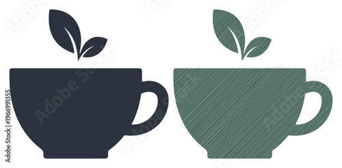 Two steaming cups with fresh leaves representing healthy beverages and natural refreshment