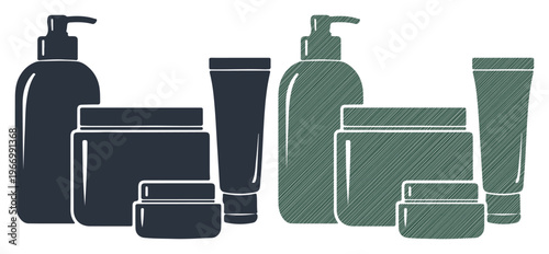 Collection of cosmetic bottles and jars, offering a clean and modern aesthetic for beauty products.