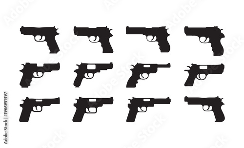 Collection of twelve black handgun and revolver silhouettes showing various firearm models in grid pattern.