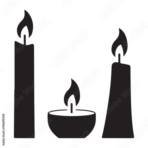 Black candle silhouette collection featuring tall tapers and small tealight bowl on plain white background set.