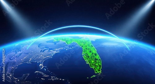 detailed map of Florida on Earth from space with glowing blue light