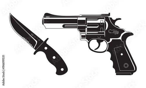 Detailed black and white illustration of large revolver pistol and tactical combat knife on white surface.