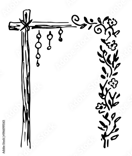 Wooden floral arch in boho style. Flowers and plants, garland, garden decor. A hand-drawn vector drawing with a black outline. Sketch in ink.