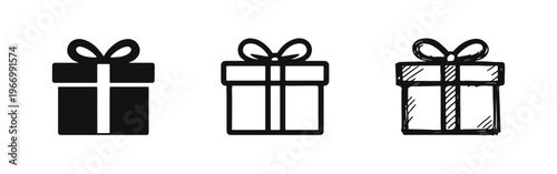 Gift box icon set. Present symbol with ribbon in filled, outline, and hand-drawn doodle style for celebrations.