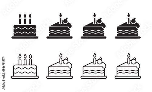 Decorative cake slice set with cherries and candles in flat and line art versions for bakery cafe branding.