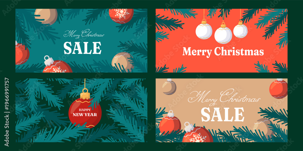 Naklejka premium Vector set of Christmas and New Year sale banners with festive decorations, pine branches, and ornaments. Holiday promotional design for advertising, social media, or winter discounts.
