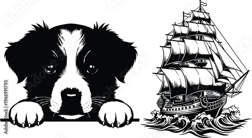 Black and white of a cute puppy peeking over a surface next to a sailing ship on choppy waves canine