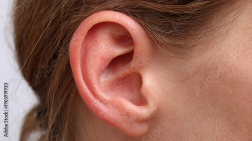 Close-up Image of a Human Ear Capturing the Intricate Details of the Outer Ear Structure and Texture, Ideal for Medical, Educational, or Artistic Use