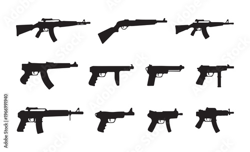 Set of twelve black vector weapon silhouettes on a white background, featuring various rifle and pistol designs.