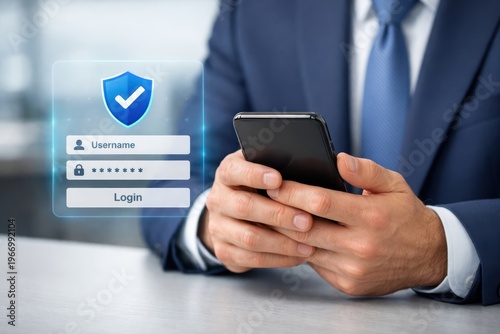 Securing Access: A sharp dressed person carefully secures access to important data on a mobile device, emphasizing the crucial role of digital security in today's world.