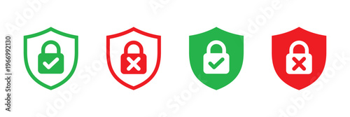 Security icons for safe and unsafe situations with shield and padlock symbols vector illustration 