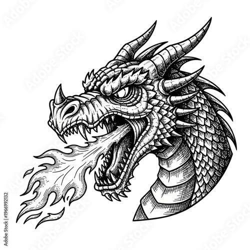 Dragon head with fire breath fierce.