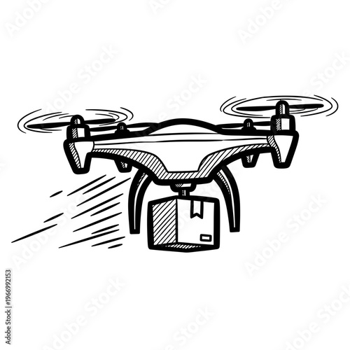 Drone with camera flying fast outdoors.
