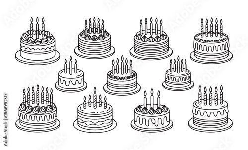 Outline set of birthday cakes with lit candles, celebration desserts with intricate decorations and multiple tiers vector.