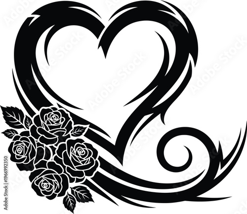 Black tribal heart with roses and swirling decorative flower floral