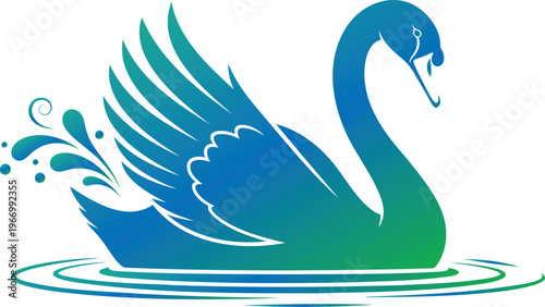 Blue and green gradient swan with water splashes and ripples bird