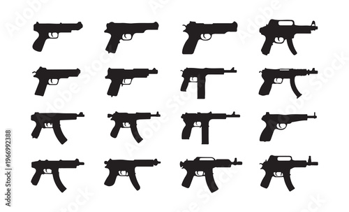 Set of sixteen black realistic silhouettes of various modern pistols isolated on white background flat vector illustration.