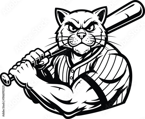 Muscular anthropomorphic cat character in baseball uniform holding a bat feline animal