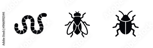 Minimalist black insect icons: worm, housefly and beetle silhouettes