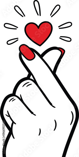 Red heart symbol emerging from fingers making a heart shape gesture with radiating lines hand love