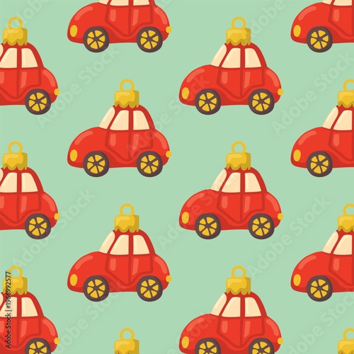Vector seamless pattern with red toy cars and yellow bells. Bright festive background for Christmas design, kids textiles, or wrapping paper.